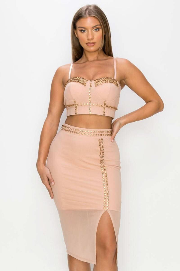 Studded Stone Cami Top & Slit Mini Skirts Set - Fit Me For 20