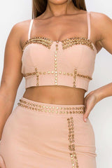 Studded Stone Cami Top & Slit Mini Skirts Set - Fit Me For 20