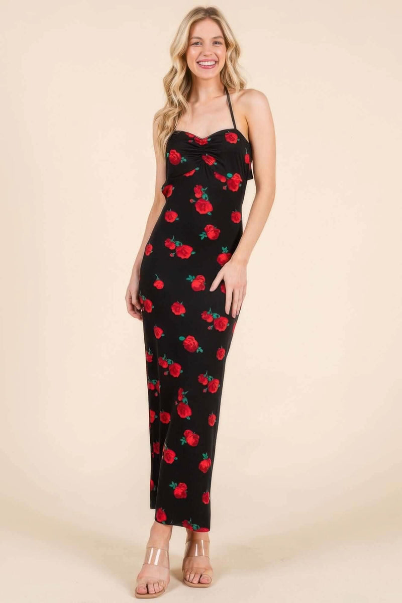 Sweet Heart Gathered Open Back Print Midi Dress - Fit Me For 20