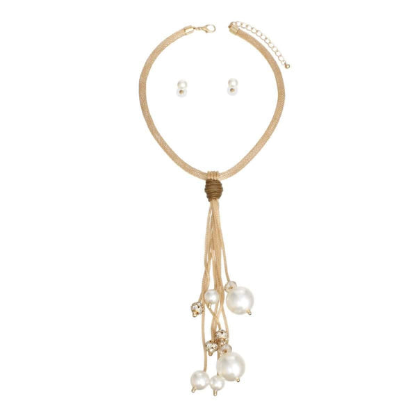 Tassel Long Cream Pearl Rhinestone Gold Necklace - Fit Me For 20