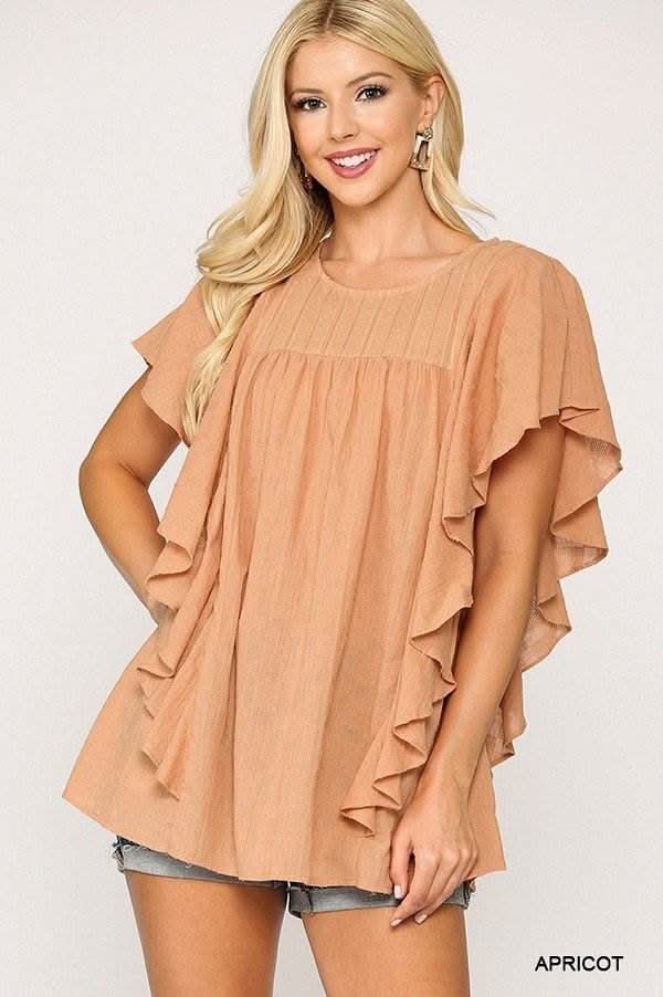 Textured Ruffle Sleeve Tunic Top With Back Keyhole - Fit Me For 20
