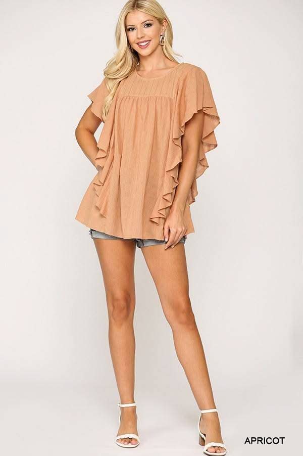 Textured Ruffle Sleeve Tunic Top With Back Keyhole - Fit Me For 20