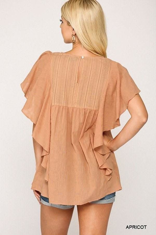 Textured Ruffle Sleeve Tunic Top With Back Keyhole - Fit Me For 20