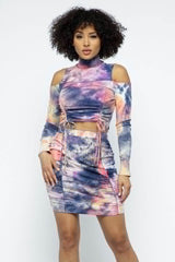 Tie Dye Open Shoulder Long Sleeve Top And Matching Skirt W Ruching Details - Fit Me For 20