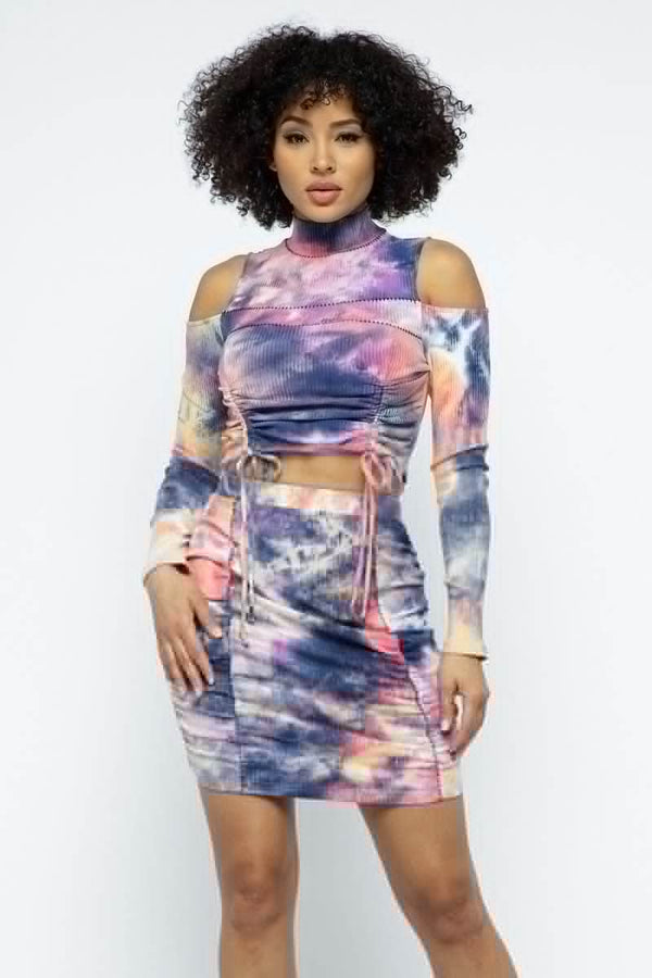 Tie Dye Open Shoulder Long Sleeve Top And Matching Skirt W Ruching Details - Fit Me For 20