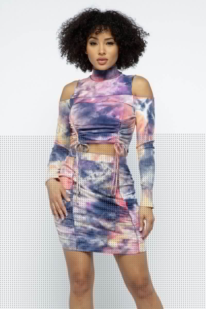 Tie Dye Open Shoulder Long Sleeve Top And Matching Skirt W Ruching Details - Fit Me For 20