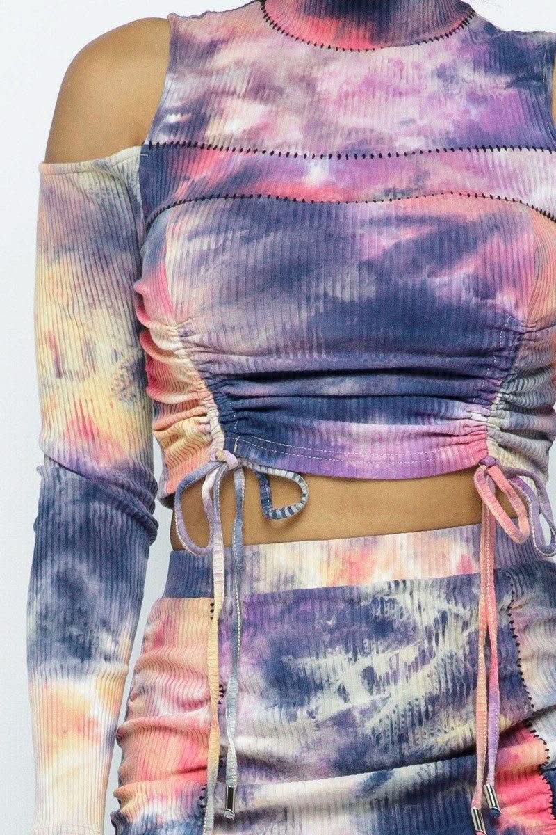 Tie Dye Open Shoulder Long Sleeve Top And Matching Skirt W Ruching Details - Fit Me For 20