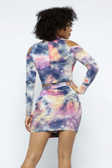 Tie Dye Open Shoulder Long Sleeve Top And Matching Skirt W Ruching Details - Fit Me For 20