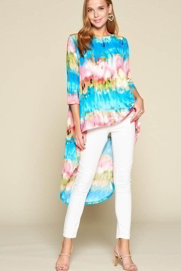 Tie-dye Venechia High Low Fashion Top With 3/4 Sleeves - Fit Me For 20