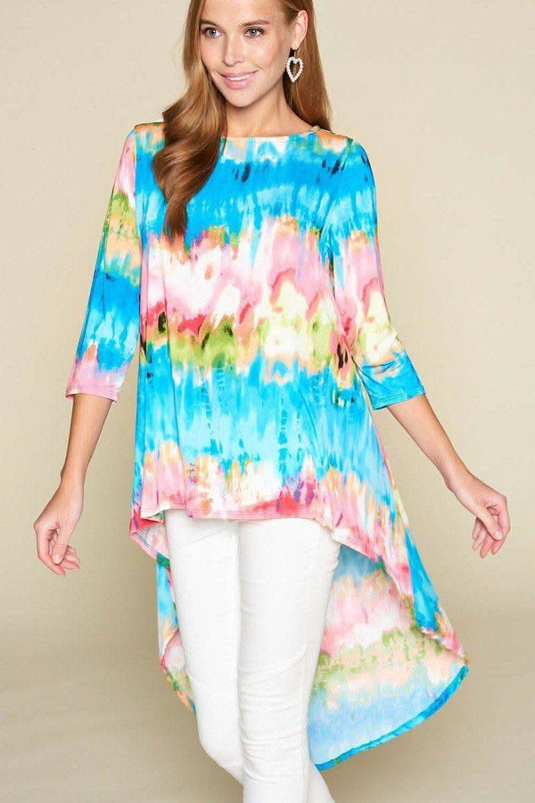 Tie-dye Venechia High Low Fashion Top With 3/4 Sleeves - Fit Me For 20