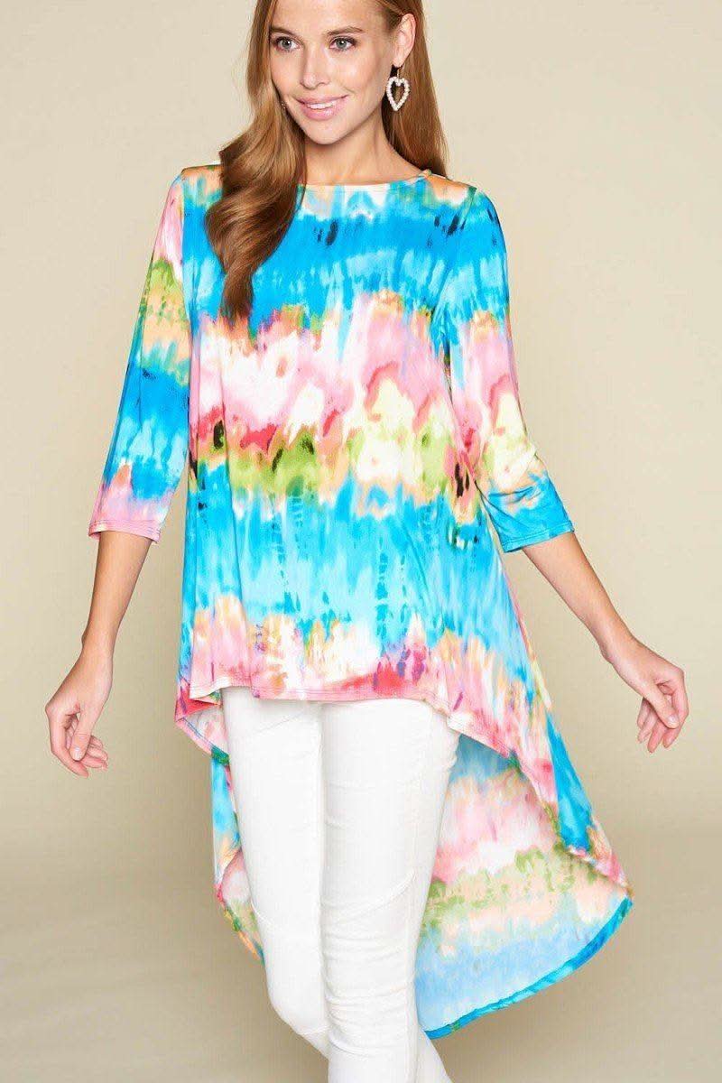 Tie-dye Venechia High Low Fashion Top With 3/4 Sleeves - Fit Me For 20