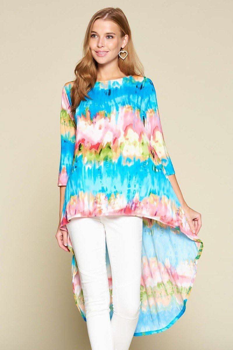 Tie-dye Venechia High Low Fashion Top With 3/4 Sleeves - Fit Me For 20