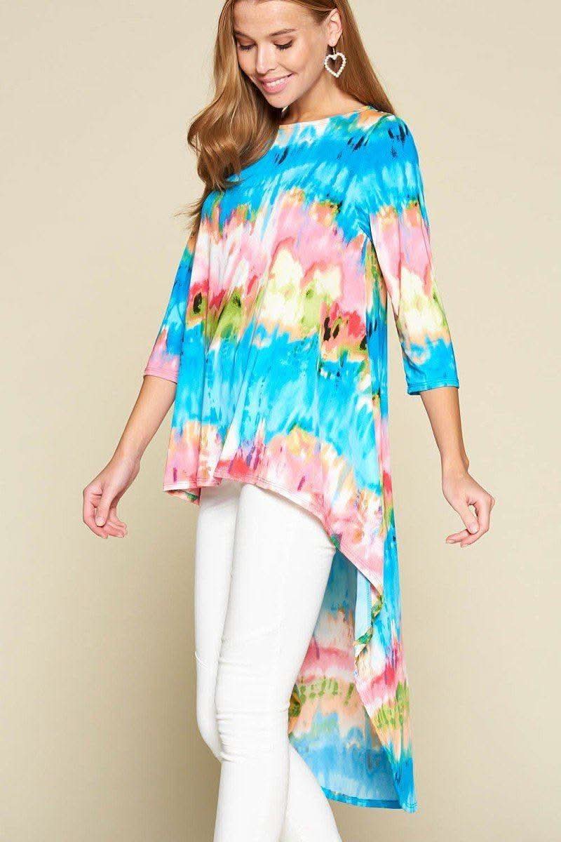 Tie-dye Venechia High Low Fashion Top With 3/4 Sleeves - Fit Me For 20