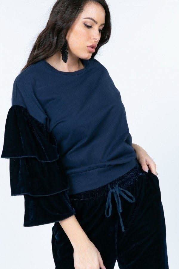 Tiered Velvet Ruffle Sleeve Pullover Crewneck Top - Fit Me For 20