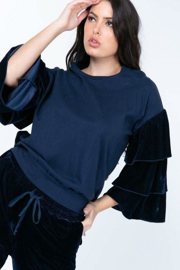 Tiered Velvet Ruffle Sleeve Pullover Crewneck Top - Fit Me For 20