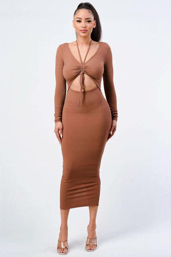 Trendy Front Shirring Cut-out Long Sleeved Dress - Fit Me For 20
