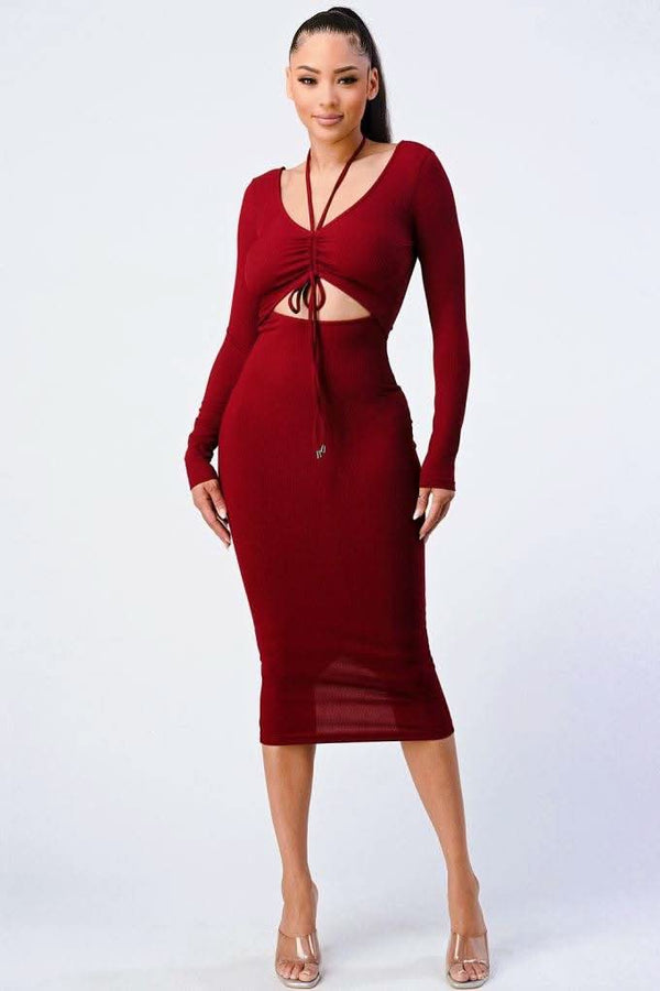 Trendy Front Shirring Cut-out Long Sleeved Dress - Fit Me For 20