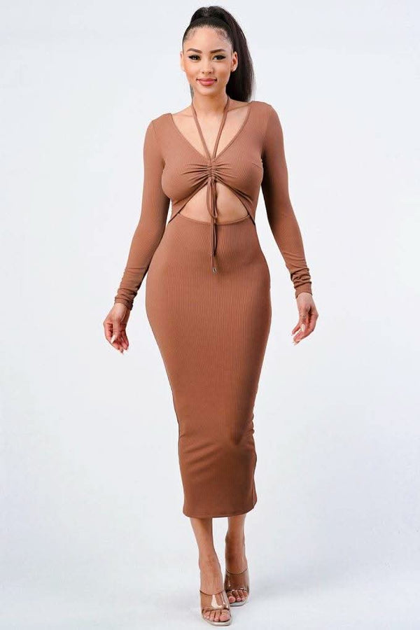 Trendy Front Shirring Cut-out Long Sleeved Dress - Fit Me For 20