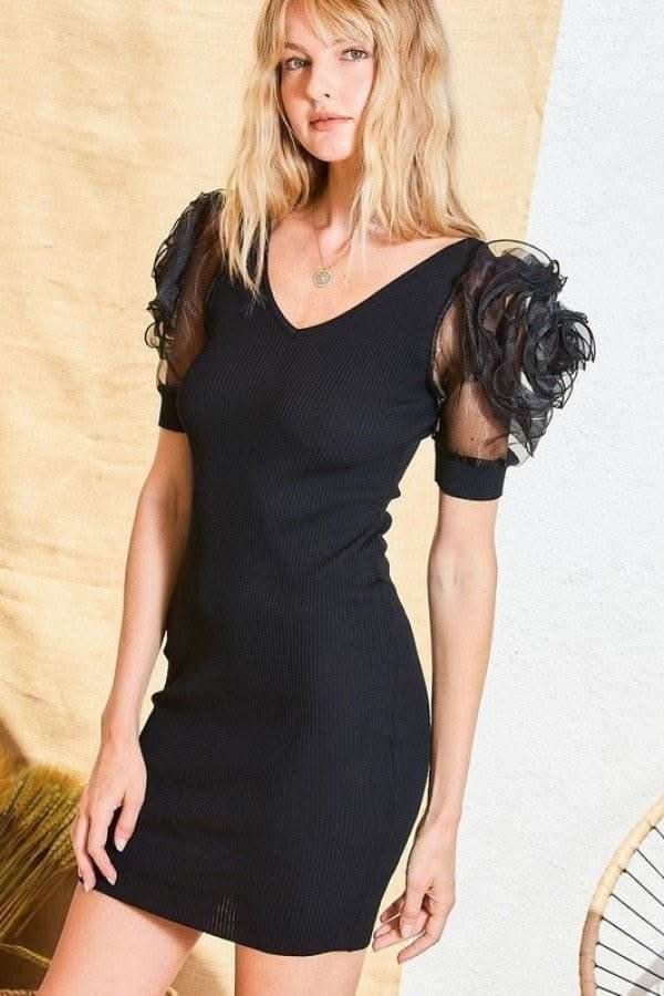 V Neck Contrast Flower Lace Bubble Sleeve Midi Bodycon Dress - Fit Me For 20