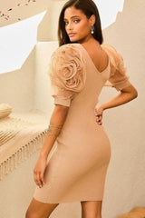 V Neck Contrast Flower Lace Bubble Sleeve Midi Bodycon Dress - Fit Me For 20