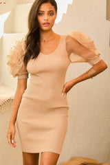 V Neck Contrast Flower Lace Bubble Sleeve Midi Bodycon Dress - Fit Me For 20