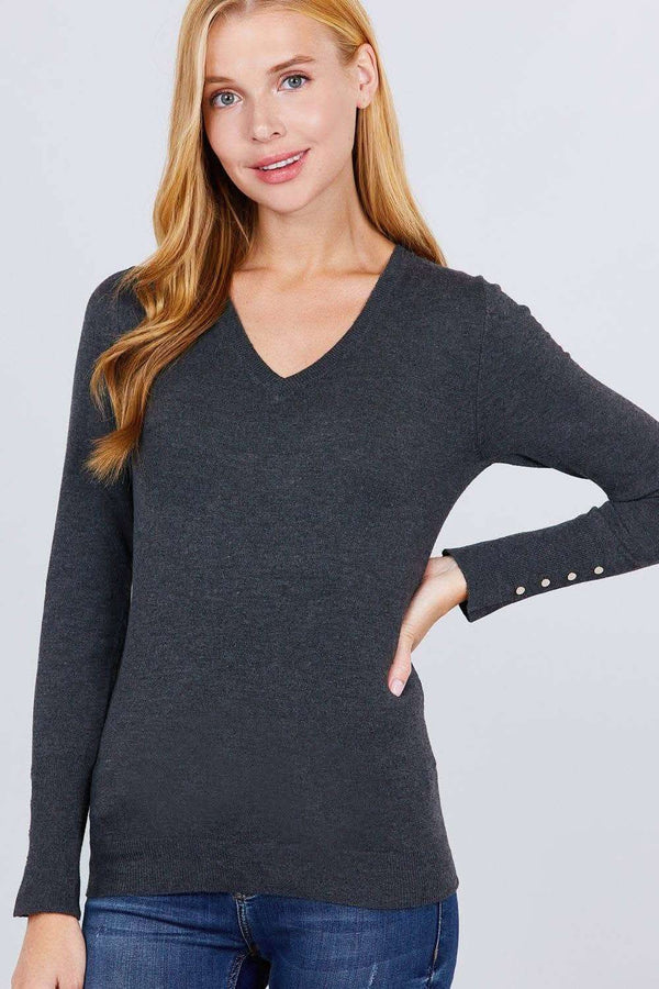 V-neck Sweater W/rivet Button - Fit Me For 20