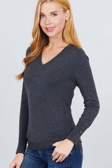 V-neck Sweater W/rivet Button - Fit Me For 20