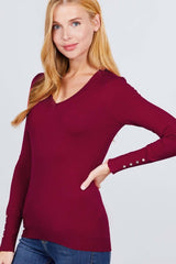 V-neck Sweater W/rivet Button - Fit Me For 20