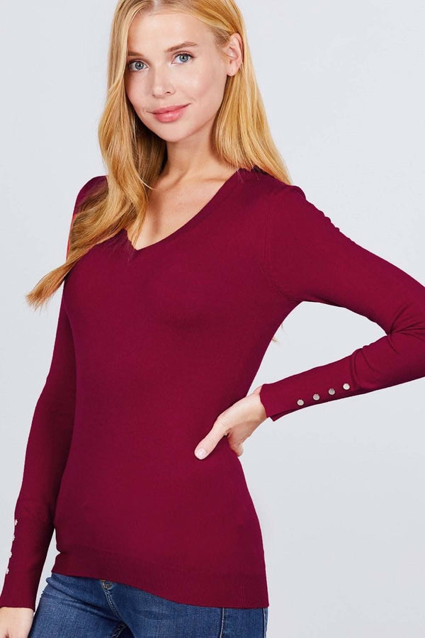 V-neck Sweater W/rivet Button - Fit Me For 20