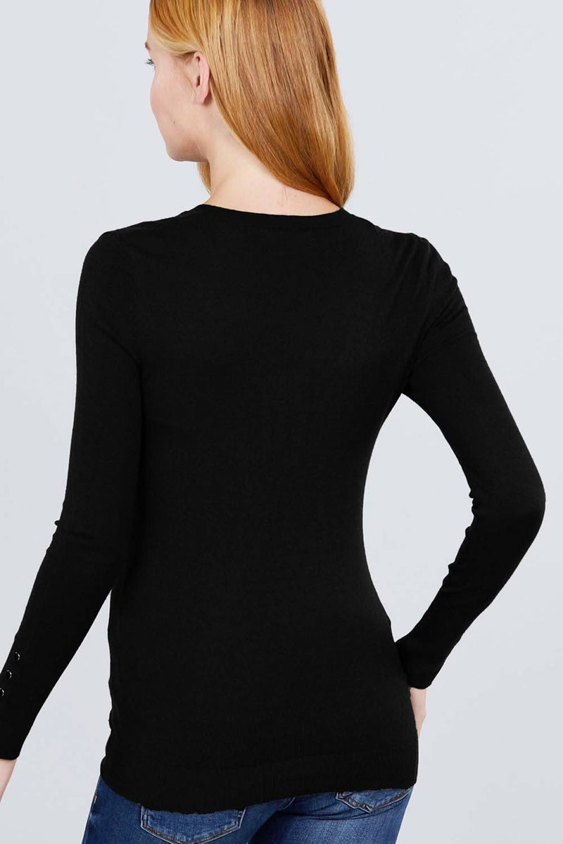 V-neck Sweater W/rivet Button - Fit Me For 20