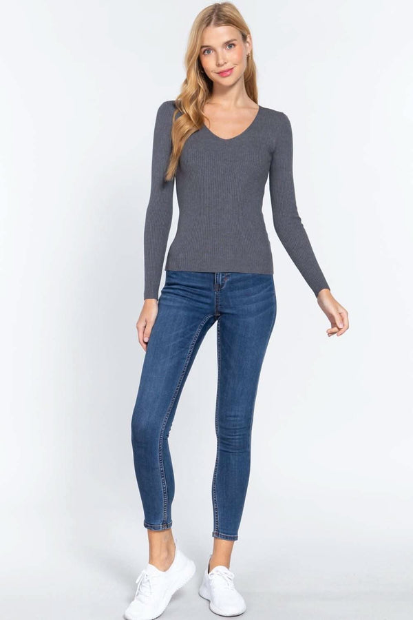 V-neck Viscose Rib Sweater - Fit Me For 20