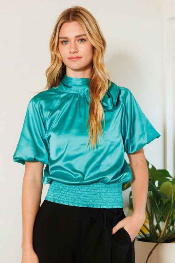 Waist Smocked Solid Satin Blouse - Fit Me For 20