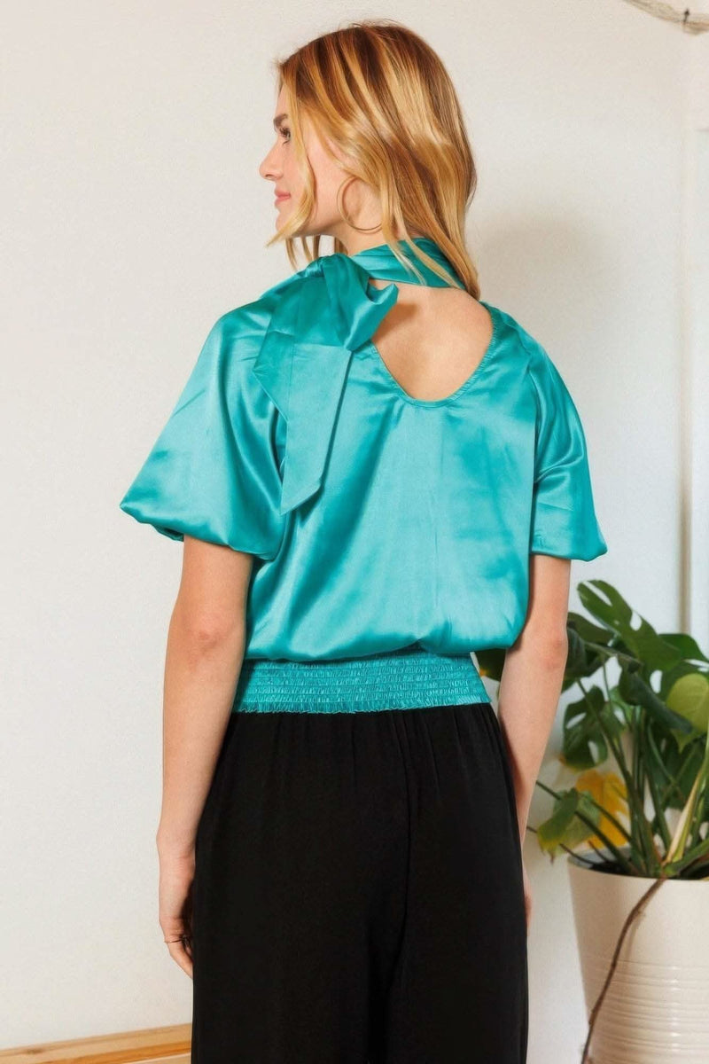 Waist Smocked Solid Satin Blouse - Fit Me For 20