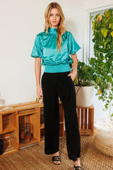 Waist Smocked Solid Satin Blouse - Fit Me For 20