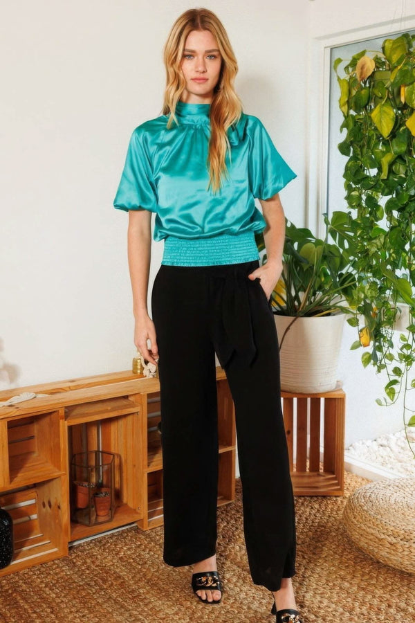 Waist Smocked Solid Satin Blouse - Fit Me For 20