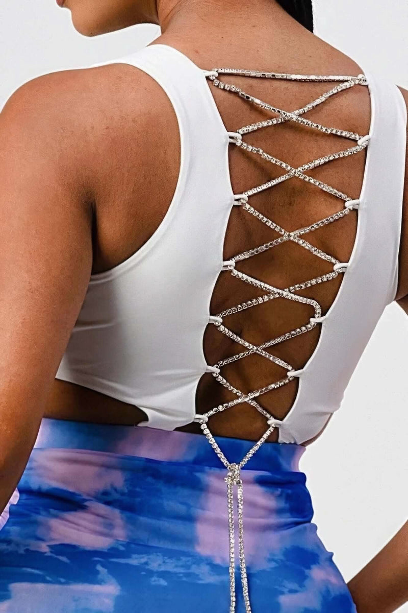White Sleeveless Top With Detachable Rhinestone Cross Open Back With Bodycon Tie Dye Ruched Mini Dress - Fit Me For 20