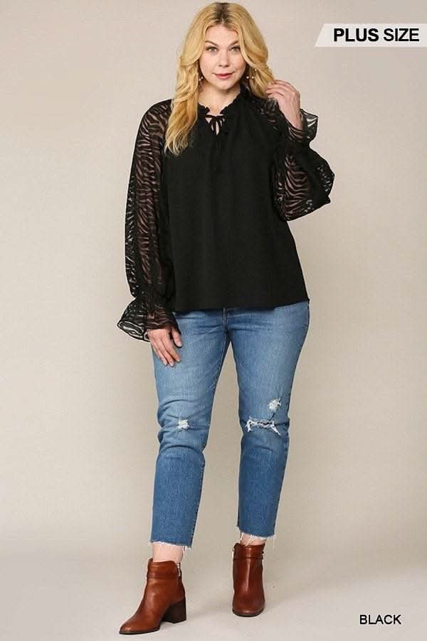 Zebra Burnout Sleeve Ruffled Neck Bubble Crepe Blouse - Fit Me For 20