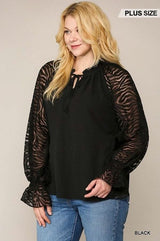 Zebra Burnout Sleeve Ruffled Neck Bubble Crepe Blouse - Fit Me For 20
