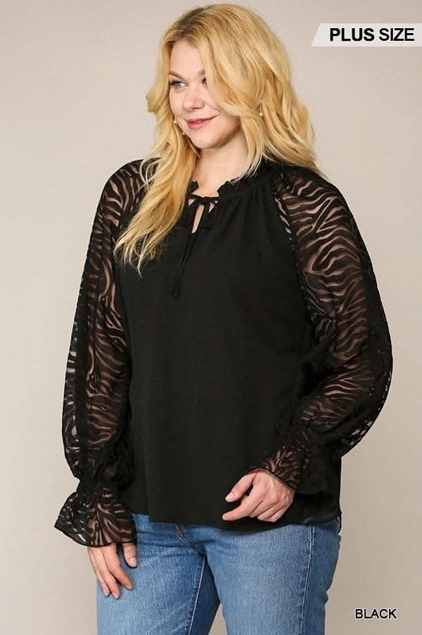 Zebra Burnout Sleeve Ruffled Neck Bubble Crepe Blouse - Fit Me For 20