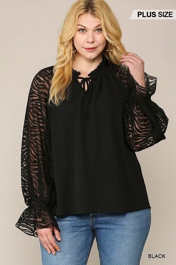 Zebra Burnout Sleeve Ruffled Neck Bubble Crepe Blouse - Fit Me For 20