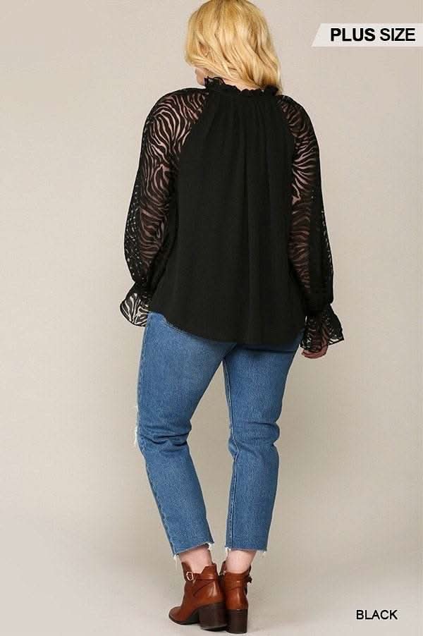 Zebra Burnout Sleeve Ruffled Neck Bubble Crepe Blouse - Fit Me For 20